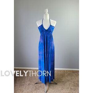 FIGHTING EEL // blue & lavender tie dye plunge double tie halter maxi dress